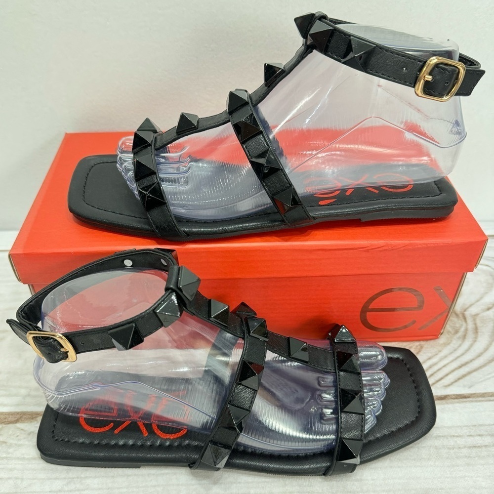 exe Black Studded Strappy Flat Sandals with Ankle Wrap Whimsigoth Summer
